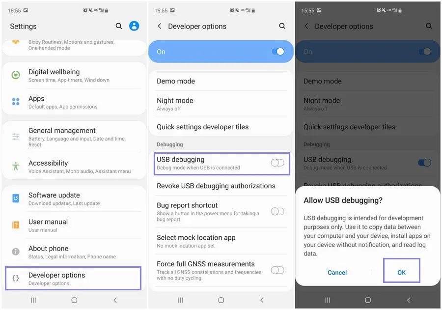 developer option on Android Galaxy devices