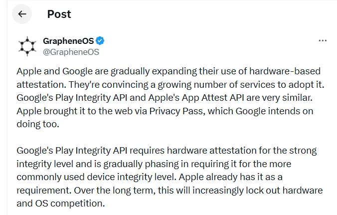 GrapheneOS Accuses Google and Apple of Locking Out on X